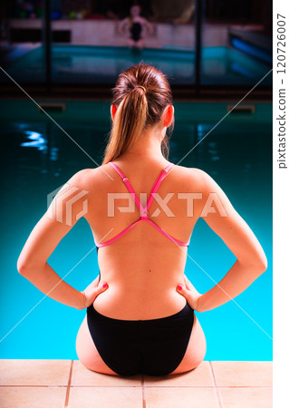 Girl swimmer muscular body in swimsuit at poolside Girl swimmer muscular body in swimsuit at poolside 120726007