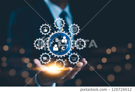 B2C Digital Marketing, Business strategy concept. Businessman holding showing interconnected gears represent B2C (Business to Customer) strategy, marketing, and global commerce in digital environment. 120726012