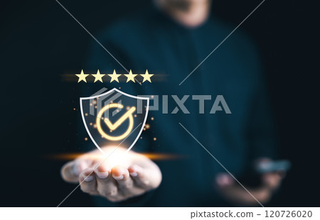 Businessman showing standard quality control certification assurance guarantee for automation process. Quality management with Quality Assurance, Quality Control, Standardization, health insurance, Businessman showing standard quality control certification assurance guarantee for automation process. Quality management with Quality Assurance, Quality Control, Standardization, health insurance, 120726020