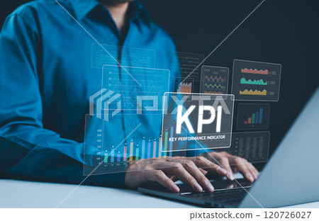 KPI, Key Performance Indicators Analysis. Businessman using digital screen to analyze key performance indicators (KPI) with various graphs, charts, showcasing data analysis, and performance tracking. 120726027
