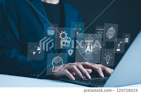AI, Artificial Intelligence technology concept. Professional businessman working with an artificial intelligence (AI) conceptual interface, surrounded by gears and digital icons. intelligent tech, 120726029