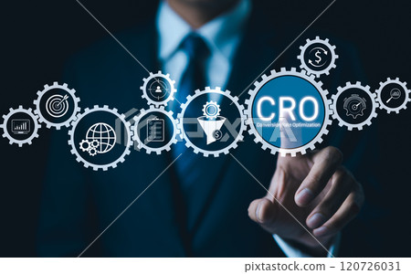 CRO Conversion Rate Optimization Concept. Businessman with digital gear icon represent Conversion Rate Optimization (CRO) technology, business strategy to enhance online performance, Conversion rates, 120726031