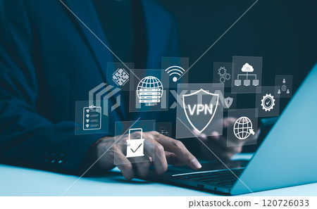 VPN, Virtual Private Network encryption connection concept. Businessman working on laptop, surrounded by digital security icons VPN shield, server, padlock, online security, and data protection. VPN, Virtual Private Network encryption connection concept. Businessman working on laptop, surrounded by digital security icons VPN shield, server, padlock, online security, and data protection. 120726033