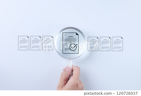 Document review process and quality control concept. Hand holding magnifying glass over a document icon with checklist, Document review and approval. Certificate management, Audit, Standardization, 120726037