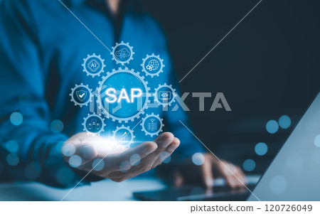 SAP System Application Products. Business process automation and management software concept. Businessman presents SAP related technology icons, business process automation, and management solutions. 120726049