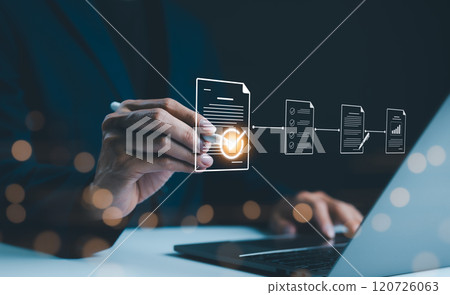 Document Review and Quality Control Process. businessman using laptop, document review and quality control process with digital icons checklist verification, approval, and performance tracking. QC,ISO 120726063