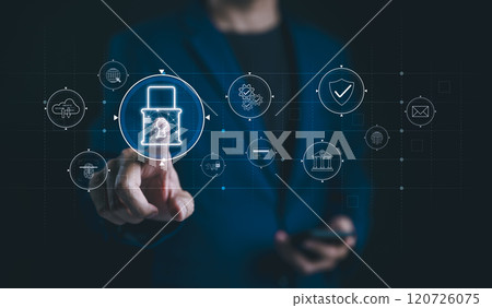 Cybersecurity management, Data protection concept. Businessman interacts with digital interface focusing on cyber security management and data protection with icons lock, shield, and cloud security. Cybersecurity management, Data protection concept. Businessman interacts with digital interface focusing on cyber security management and data protection with icons lock, shield, and cloud security. 120726075