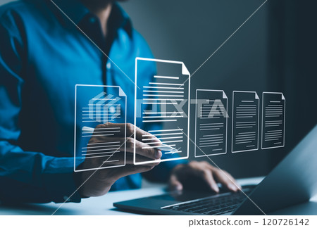 Digital Document Management and Paperless Workflow, Businessman sign virtual documents interface, paperless concept, digital document management. efficient workflows, transition to digital solutions, 120726142