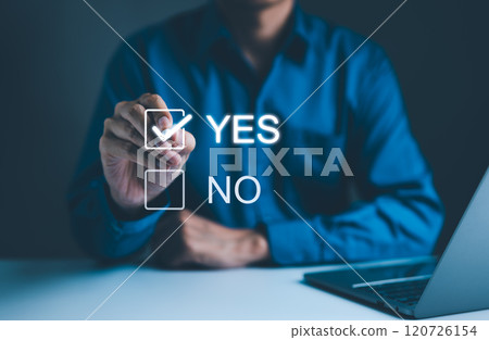 Decision-Making with Yes or No Choice Checkbox, A hand selecting "Yes" from a digital checkbox interface, symbolizing decision-making, approval, or agreement in a professional or survey context. Decision-Making with Yes or No Choice Checkbox, A hand selecting "Yes" from a digital checkbox interface, symbolizing decision-making, approval, or agreement in a professional or survey context. 120726154