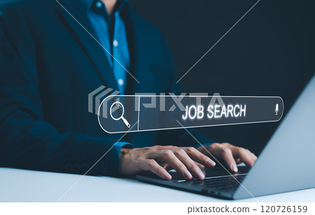 Searching for Job Online. Businessman typing on laptop, with digital job search bar overlay, symbolizing online job search process. online job hunting, career opportunities, professional development, 120726159
