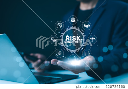 Corporate risk management strategy concept. Businessman showing virtual risk management interface with critical strategy icons. Analyze risk assessment, analysis financial, business risk, Company, 120726160