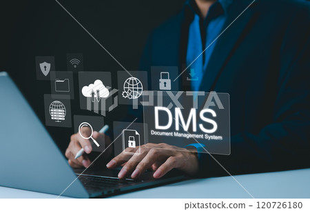 Digital Document Management System Concept. Businessman using laptop, with icons represent document management system (DMS). The concept highlights cloud storage, security, digital data organization, 120726180