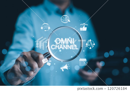 Omni Channel Marketing Concept. Multichannel Marketing, Businessman using magnifying glass with virtual icons omnichannel marketing strategies, customer engagement, digital communication, e-commerce, Omni Channel Marketing Concept. Multichannel Marketing, Businessman using magnifying glass with virtual icons omnichannel marketing strategies, customer engagement, digital communication, e-commerce, 120726184