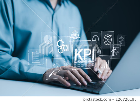 KPI, Analysis key performance indicators, business growth, Businessman using laptop to analyze key performance indicators (KPIs) with icons, data charts, gears, business targets, performance tracking, 120726193