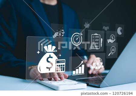 Budget concept. Financial planning, corporate finance, Annual strategy plan, Calculate company income, expenses, investment money, business finance, capital fundraising, loan credit, forecasting, 120726194