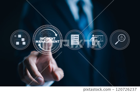 Incident Management, Risk Mitigation Process Concept. Icons represent processes of incident management, risk analysis, strategy planning, resolution tracking, effective business technology solutions, 120726237