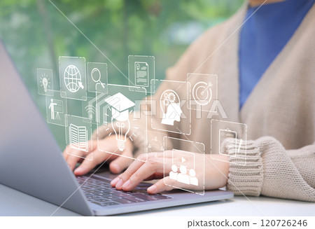 Online Education and E-Learning Concept. Person use laptop with icons representing online education, learning, knowledge sharing, educational tools, training, webinar on internet, digital courses, 120726246