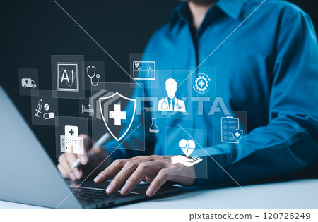 AI-Driven Healthcare and Medical Technology Concept. A professional using laptop with digital AI powered healthcare icons, medical services, data protection, and healthcare technology advancements. 120726249
