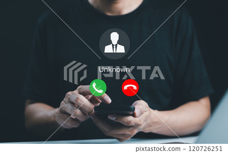 Fraud and phishing concept. Man holding mobile phone with incoming call from unknown caller. scammer or stranger, Hoax person with fake identity, Prank caller, anonymous, smartphone, unwanted, spam, 120726251