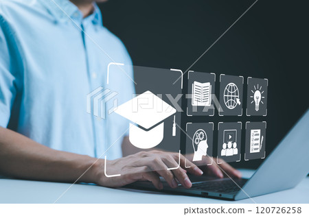Online Education and E-Learning Concept. Person use laptop with icons representing online education, learning, knowledge sharing, educational tools, training, webinar on internet, digital courses, 120726258