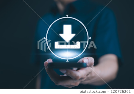 Download Technology for Data Storage and Transfer. A person holds smartphone with glowing download icon, symbolizing digital data storage, cloud services, technology for transferring files and media. Download Technology for Data Storage and Transfer. A person holds smartphone with glowing download icon, symbolizing digital data storage, cloud services, technology for transferring files and media. 120726261