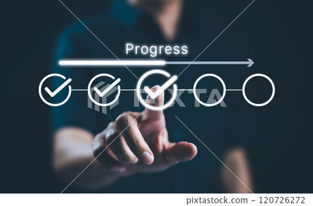 Businessman touches a digital progress checklist with check marks and an advancing loading bar, symbolizing task completion and project progress. progress bar, Management and tracking strategies, 120726272
