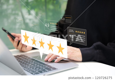 Customer Satisfaction Rating and Feedback Concept. Professional interaction with a digital customer satisfaction survey, emphasizing high-quality service and customer feedback. experience, review, 120726275