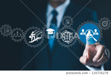 Job search and recruitment process concept. Businessman interact with job search icons and recruitment, including resumes, graduation cap, global networking, Career development and HR processes. Job search and recruitment process concept. Businessman interact with job search icons and recruitment, including resumes, graduation cap, global networking, Career development and HR processes. 120726276
