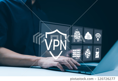 VPN Virtual Private network protocol concept, A person using laptop with interface displaying VPN technology and cybersecurity icons, representing secure internet access and data protection. App VPN, 120726277