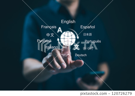 Multilingual Language Translation, Communication Concept. A person with icons various languages, global language translate, multilingual technology, and international connections. AI Translator, 120726279