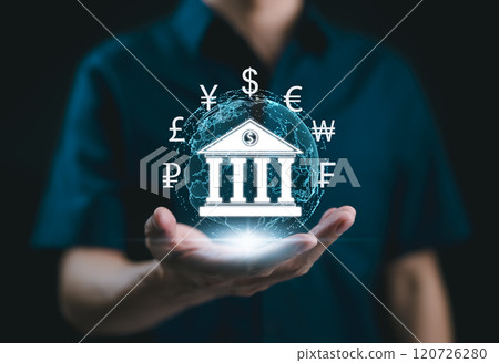 Digital Banking and Global Financial Technology Concept. Digital bank icon has various currency symbols, symbolizing digital banking and global financial transactions. fintech, international finance, Digital Banking and Global Financial Technology Concept. Digital bank icon has various currency symbols, symbolizing digital banking and global financial transactions. fintech, international finance, 120726280