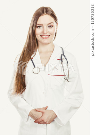 Smiling woman medical doctor with stethoscope. Smiling woman medical doctor with stethoscope. 120726318