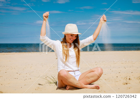Happy woman on summer beach. Happy woman on summer beach. 120726342