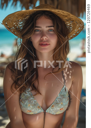 Caucasian woman in bikini looking at camera with confidence at the beach. 120726469