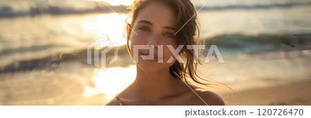 Caucasian woman in bikini looking at camera with confidence at the beach. 120726470