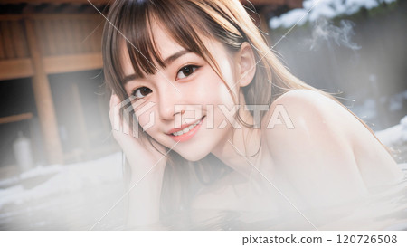 Young woman bathing in an open-air hot spring bath in winter scenery 120726508