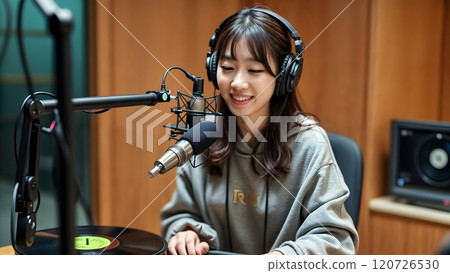 A woman is sitting in a recording studio, wearing headphones and speaking into a microphone. 120726530