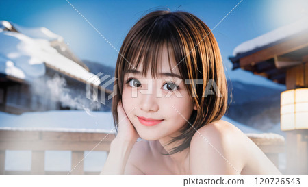 冬天風景中，年輕女子在溫泉露天浴池洗澡 120726543