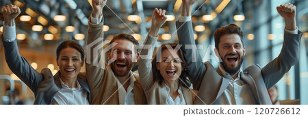 Caucasian business team Celebrate success by raising your arms in the office. 120726612