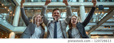 Caucasian business team Celebrate success by raising your arms in the office. 120726613