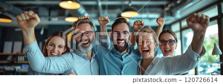 Caucasian business team Celebrate success by raising your arms in the office. Caucasian business team Celebrate success by raising your arms in the office. 120726614