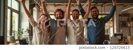 Caucasian business team Celebrate success by raising your arms in the office. 120726615