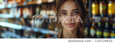 A Caucasian female employee in an apron manning the liquor shelves in a department store is looking confidently at the camera. 120726620