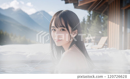 Young woman bathing in an open-air hot spring bath in winter scenery 120726628