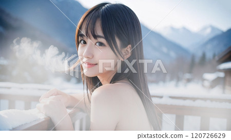 Young woman bathing in an open-air hot spring bath in winter scenery 120726629