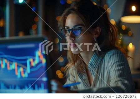 Caucasian woman working in finance is analyzing stock trading charts with laptop in office. 120726672