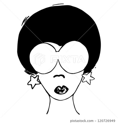 Young girl hand drawn in ink, silhouette of woman with glasses in disco style, girl with a fluffy hairstyle and star-shaped earrings in the style of the 70s and 80s 120726949