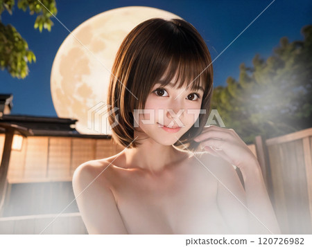 月圓之夜，年輕女子在露天溫泉浴池洗澡 120726982