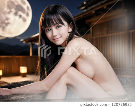 Young woman bathing in an open-air hot spring bath on a full moon night 120726983