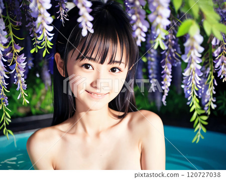 一位年輕女子在紫藤花盛開的溫泉露天浴池裡洗澡 120727038